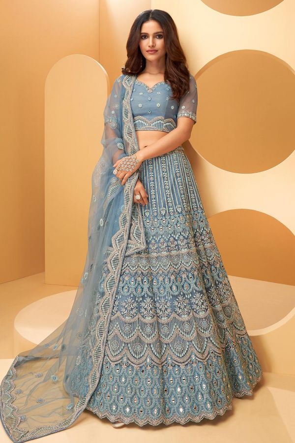 Purchase Steel Blue Embroidered Net Lehenga Set